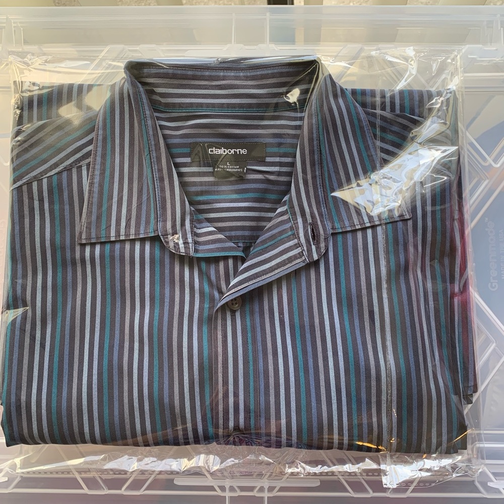 CLAIBORNE.‎ Silver/Black/Blue button down striped shirt. 100% Cotton.